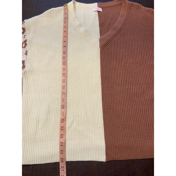 Pink Lily Oversized Ribbed Sweater Colorblock Leopard Sleeve XL 1X Cozy Casual - Picture 5 of 8